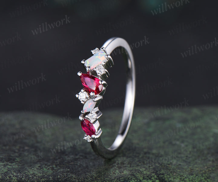 Unique pear red ruby ring white gold cluster Baguette cut opal ring women dainty Multi-Stone Ring moissanite wedding band anniversary gift