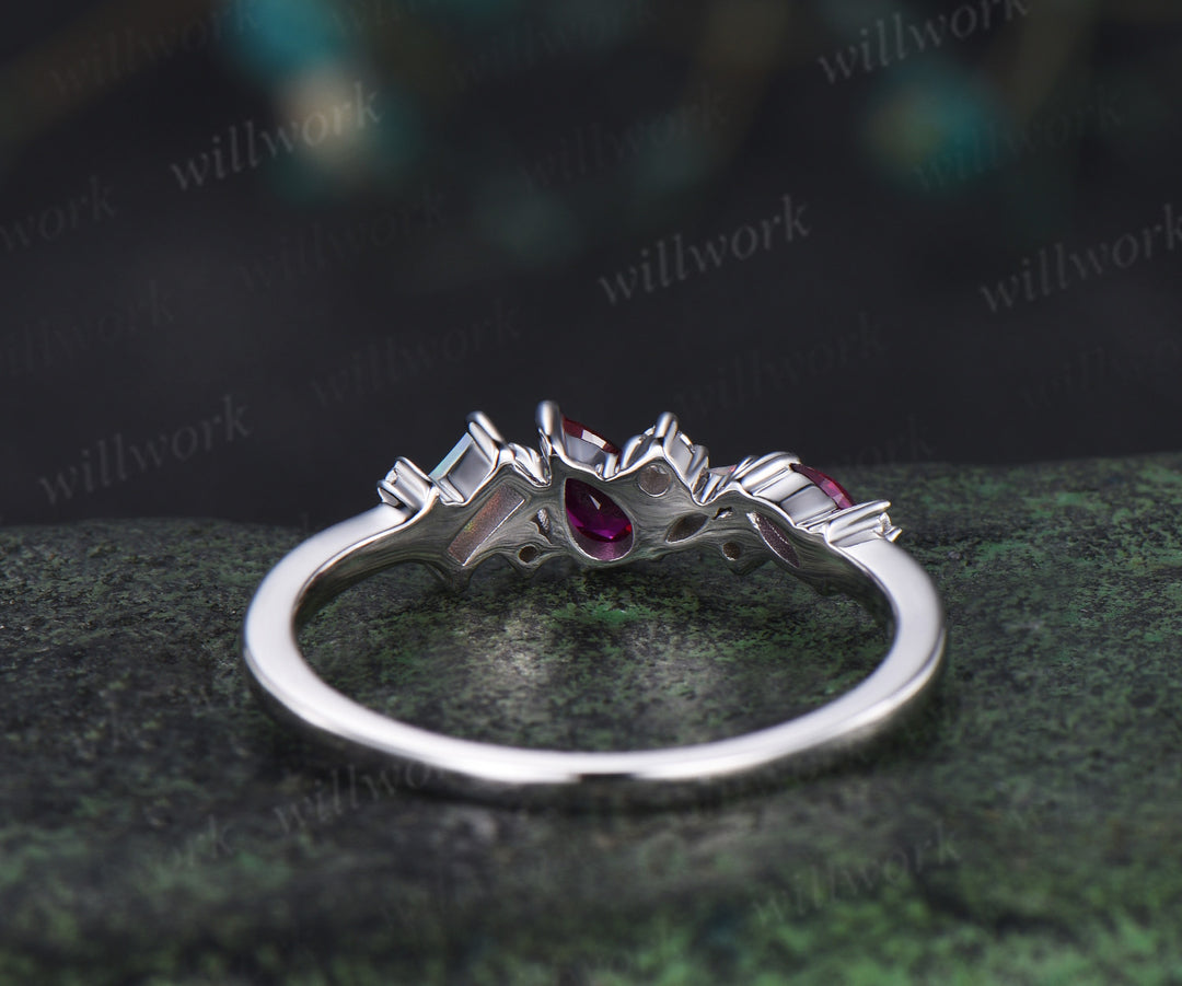 Unique pear red ruby ring white gold cluster Baguette cut opal ring women dainty Multi-Stone Ring moissanite wedding band anniversary gift
