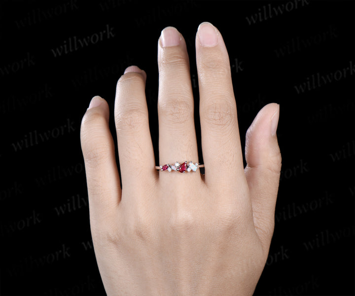 Unique pear red ruby ring white gold cluster Baguette cut opal ring women dainty Multi-Stone Ring moissanite wedding band anniversary gift