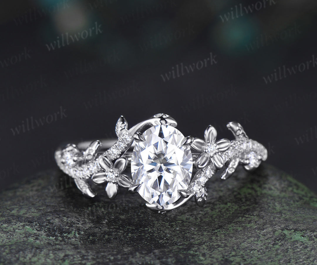Vintage oval cut Lab grown diamond engagement ring set floral leaf diamond ring women 14k rose gold branch bridal ring set