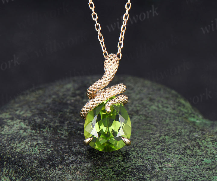Cute Snake Necklace Teardrop Cut Natural Peridot Snake Wrapped Pendant Pear Shape Light Green Gemstone Snake Wire Wrap Drop Necklace Gift