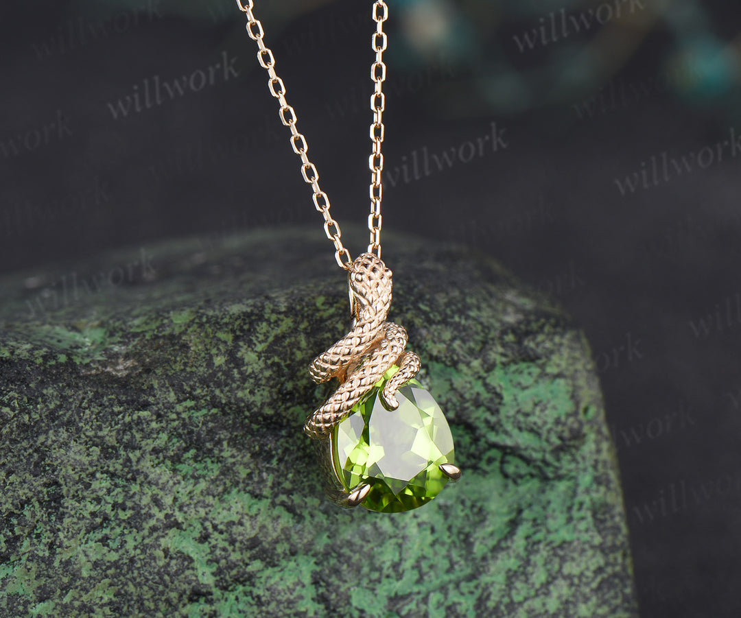 Cute Snake Necklace Teardrop Cut Natural Peridot Snake Wrapped Pendant Pear Shape Light Green Gemstone Snake Wire Wrap Drop Necklace Gift