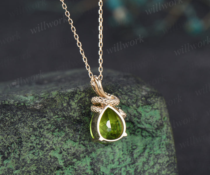 Cute Snake Necklace Teardrop Cut Natural Peridot Snake Wrapped Pendant Pear Shape Light Green Gemstone Snake Wire Wrap Drop Necklace Gift
