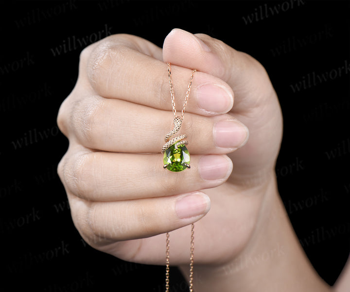 Cute Snake Necklace Teardrop Cut Natural Peridot Snake Wrapped Pendant Pear Shape Light Green Gemstone Snake Wire Wrap Drop Necklace Gift