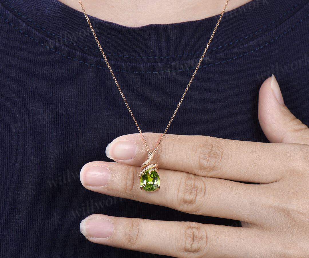 Cute Snake Necklace Teardrop Cut Natural Peridot Snake Wrapped Pendant Pear Shape Light Green Gemstone Snake Wire Wrap Drop Necklace Gift