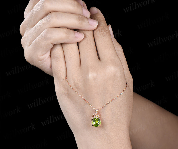 Cute Snake Necklace Teardrop Cut Natural Peridot Snake Wrapped Pendant Pear Shape Light Green Gemstone Snake Wire Wrap Drop Necklace Gift