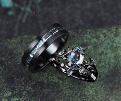 Oval Cut Alexandrite Twig Leaf Ring Set & Baguette Alexandrite Brushed Finish Men Half Eternity Wedding Ring Couple Ring Set