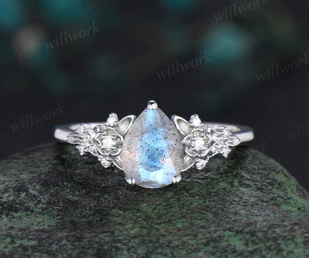 Vintage pear blue labradorite engagement ring rose gold twig leaf floral antique unique cluster moissanite bridal wedding ring set natural inspired ring