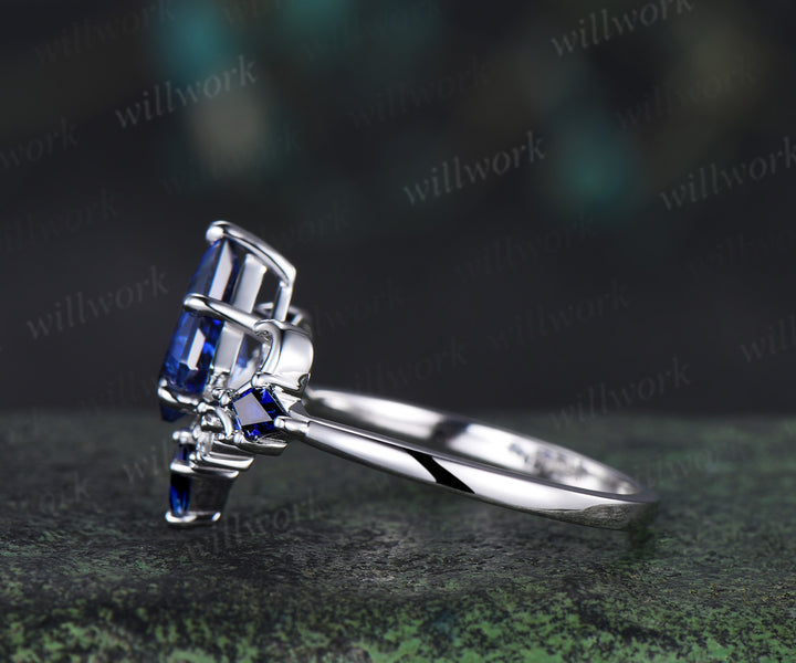 Vintage blue sapphire engagement ring kite cut 14k white gold cluster moissanite wedding ring for women wedding promise ring gift