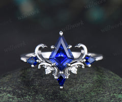 Vintage blue sapphire engagement ring kite cut 14k white gold cluster moissanite wedding ring for women wedding promise ring gift