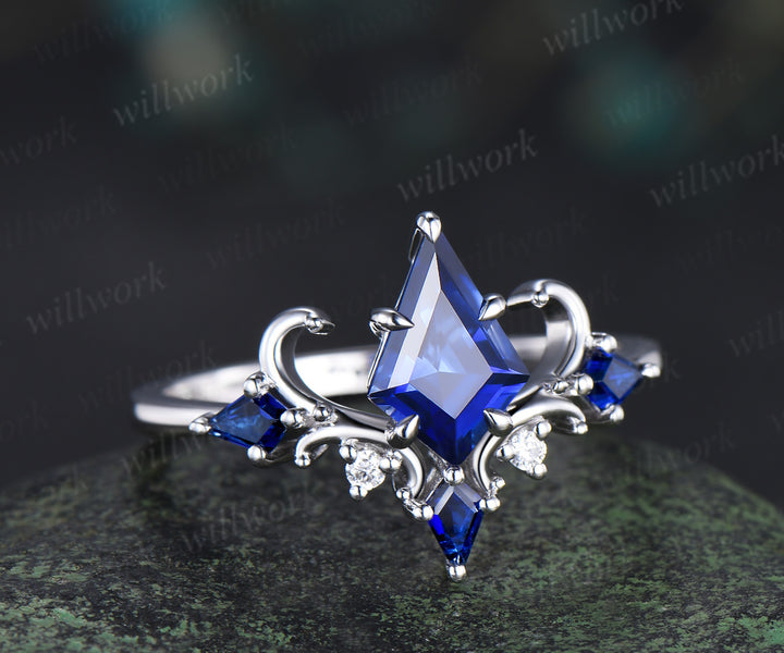 Vintage blue sapphire engagement ring kite cut 14k white gold cluster moissanite wedding ring for women wedding promise ring gift
