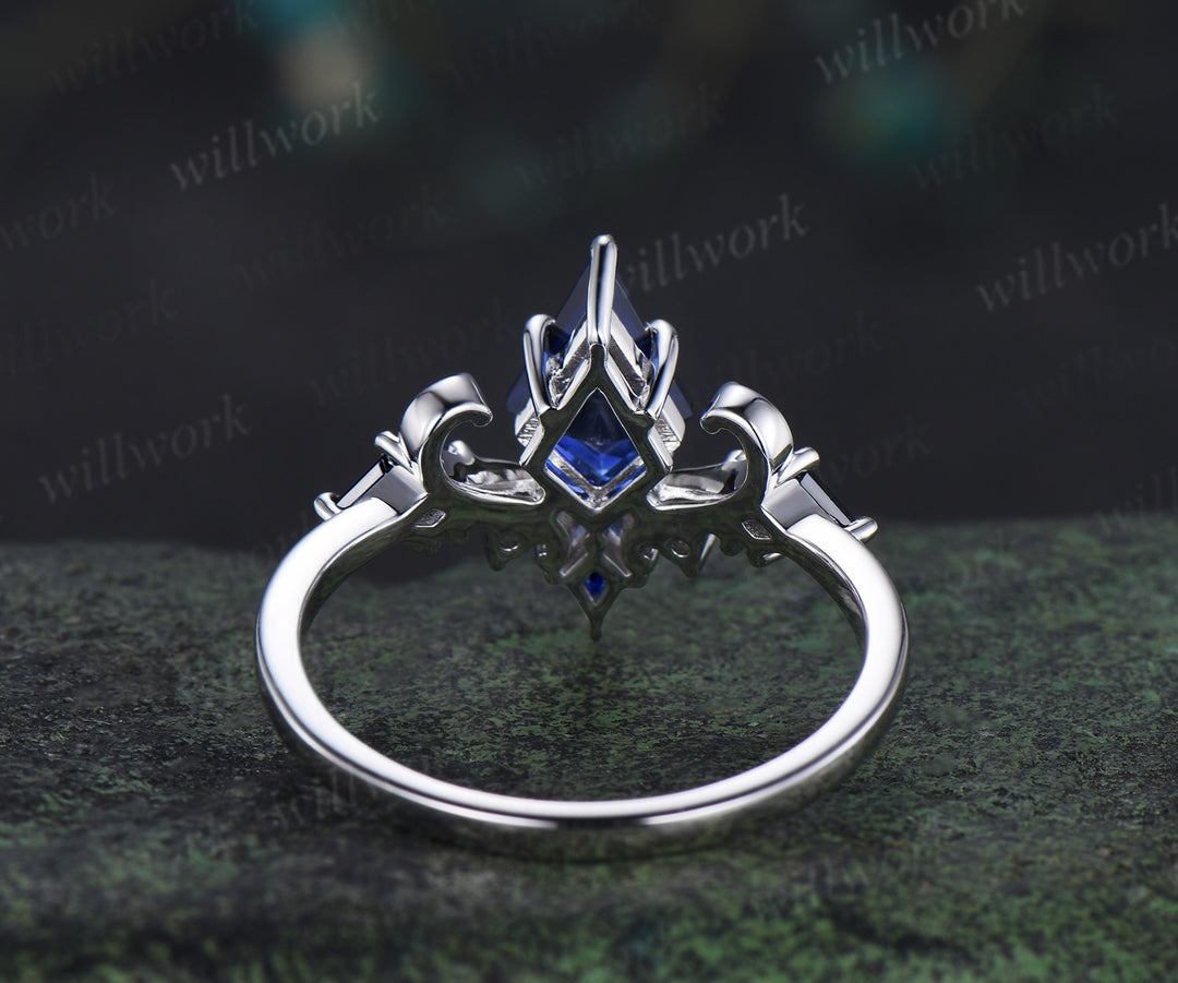 Vintage blue sapphire engagement ring kite cut 14k white gold cluster moissanite wedding ring for women wedding promise ring gift