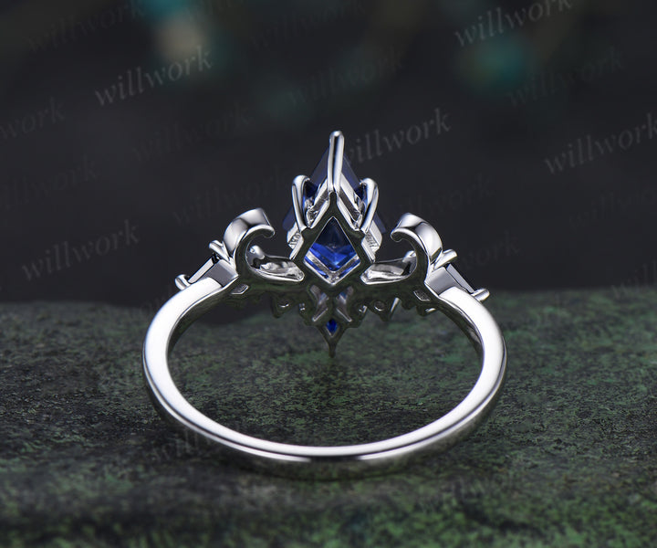 Vintage blue sapphire engagement ring kite cut 14k white gold cluster moissanite wedding ring for women wedding promise ring gift