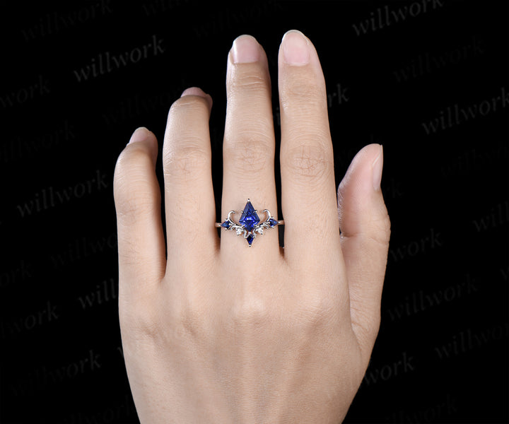 Vintage blue sapphire engagement ring kite cut 14k white gold cluster moissanite wedding ring for women wedding promise ring gift