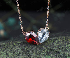 Pear garnet aquamarine necklace heart shape pendant Toi et Moi necklace minimalist birthstone necklace unique gifts