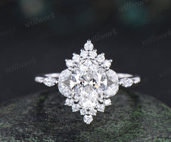 Oval cut Lab grown diamond engagement ring unique halo marquise cluster diamond ring solid 14k white gold proposal anniversary gift