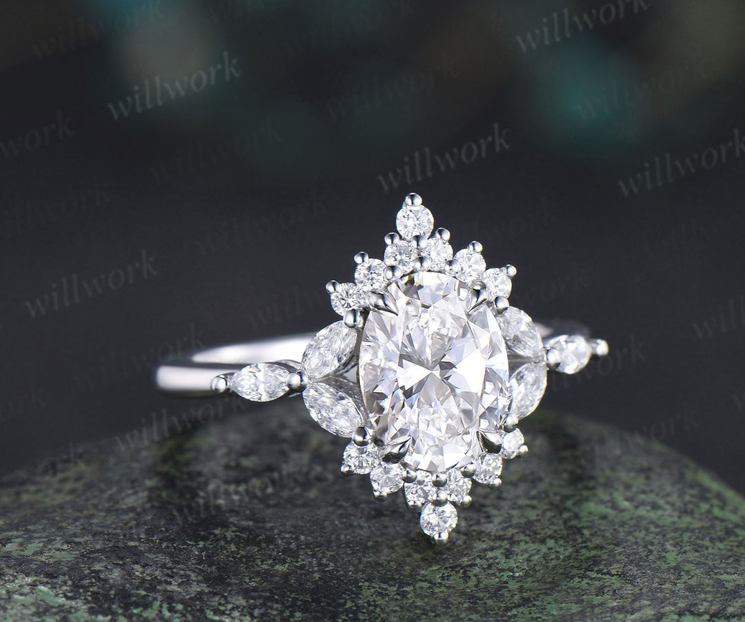 Oval cut Lab grown diamond engagement ring unique halo marquise cluster diamond ring solid 14k white gold proposal anniversary gift
