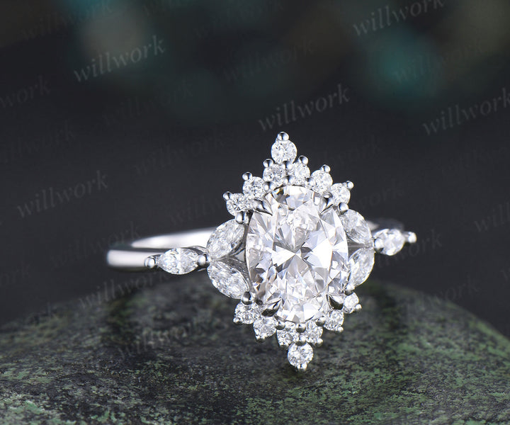Oval cut Lab grown diamond engagement ring unique halo marquise cluster diamond ring solid 14k white gold proposal anniversary gift