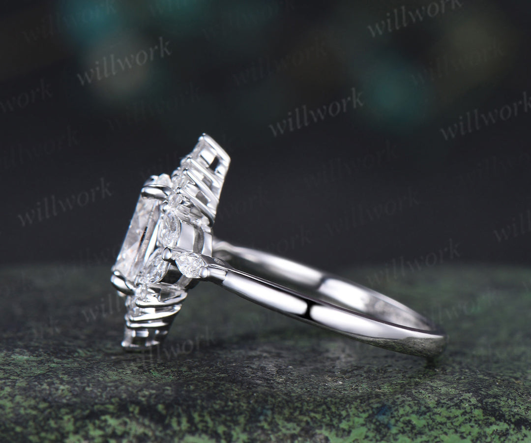 Oval cut Lab grown diamond engagement ring unique halo marquise cluster diamond ring solid 14k white gold proposal anniversary gift