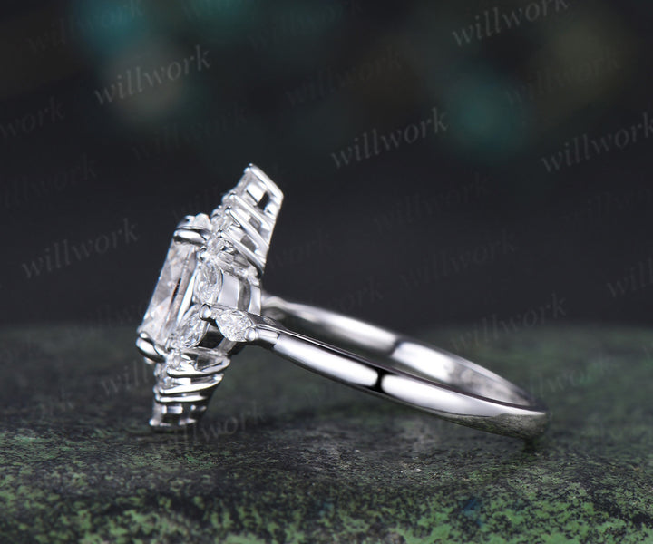 Oval cut Lab grown diamond engagement ring unique halo marquise cluster diamond ring solid 14k white gold proposal anniversary gift