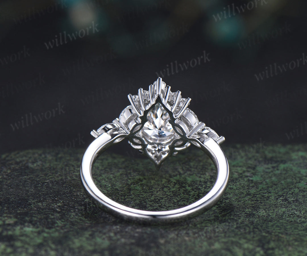Oval cut Lab grown diamond engagement ring unique halo marquise cluster diamond ring solid 14k white gold proposal anniversary gift