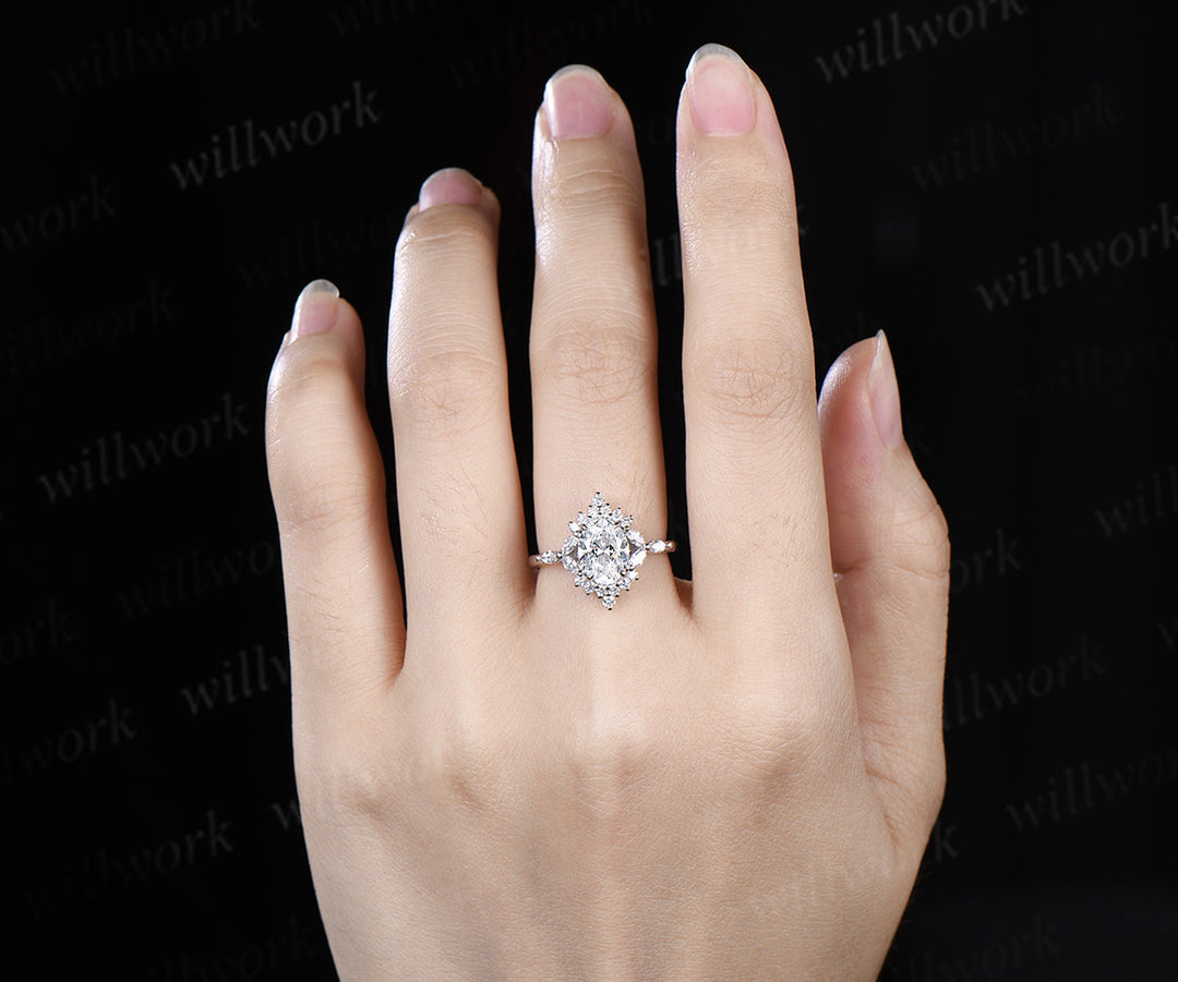 Oval cut Lab grown diamond engagement ring unique halo marquise cluster diamond ring solid 14k white gold proposal anniversary gift