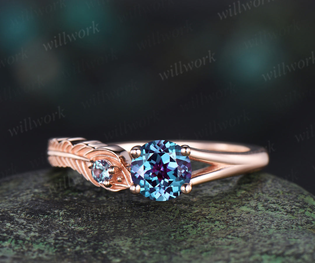 Vintage round cut alexandrite Engagement Ring solid 14k rose gold leaf Peacock Feather two stone anniversary ring women gift