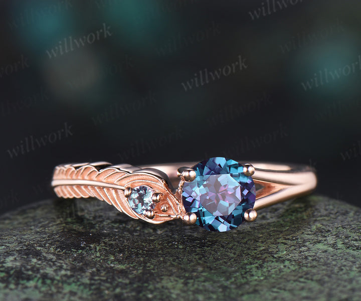 Vintage round cut alexandrite Engagement Ring solid 14k rose gold leaf Peacock Feather two stone anniversary ring women gift