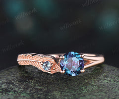 Vintage round cut alexandrite Engagement Ring solid 14k rose gold leaf Peacock Feather two stone you and me ring women gift