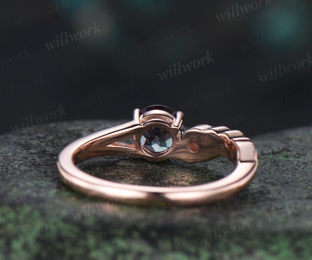 Vintage round cut alexandrite Engagement Ring solid 14k rose gold leaf Peacock Feather two stone anniversary ring women gift