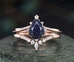 READY TO SHIP: Pear Blue Sandstone Engagement Ring - Silver Rose Plated - Ring Size:9 US