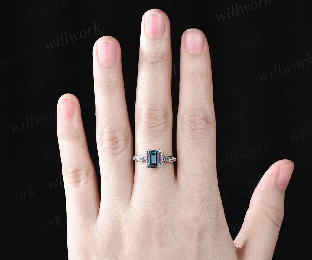 Vintage emerald alexandrite engagement ring unique filigree art deco London blue topaz ring June birthstone wedding anniversary gifts for women