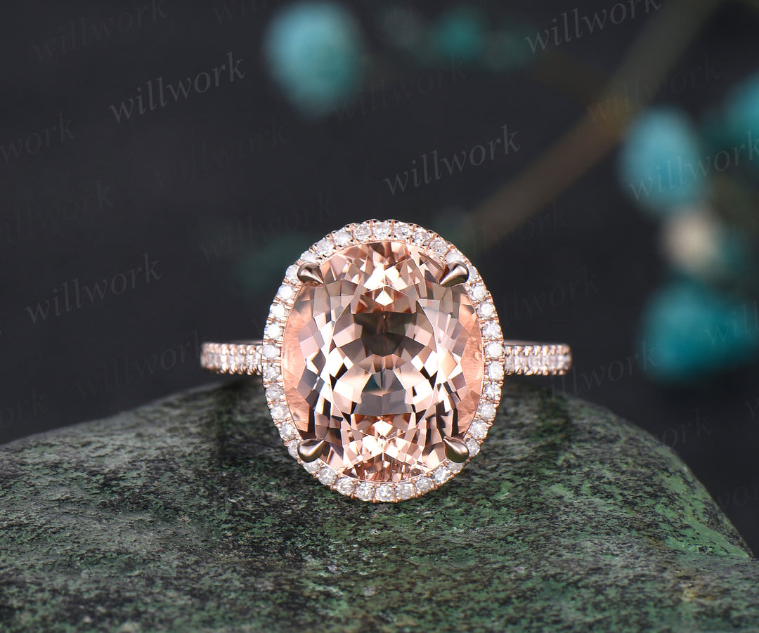 Unique 10x12mm Oval Cut Natural Morganite Engagement Ring Moissanite Diamond Halo Bridal Ring 14k Rose Gold Custom Anniversary Jewelry Gift