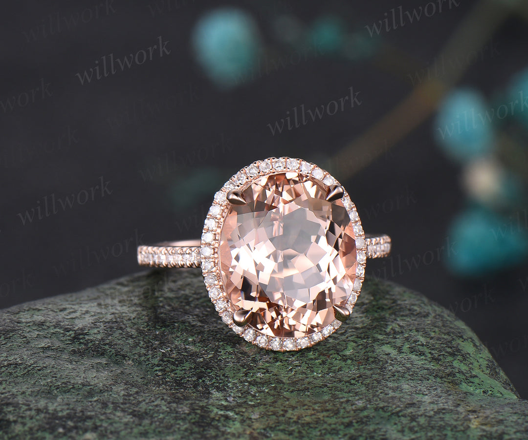 Unique 10x12mm Oval Cut Natural Morganite Engagement Ring Moissanite Diamond Halo Bridal Ring 14k Rose Gold Custom Anniversary Jewelry Gift
