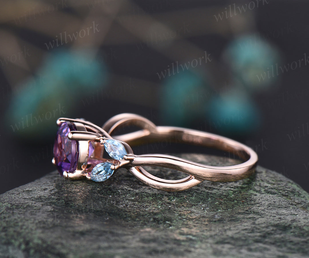 Unique Round Cut February Birthstone Natural Amethyst Engagement Ring Art Deco Blue Topaz Five Stone Ring Vintage Twisted Split Shank Ring