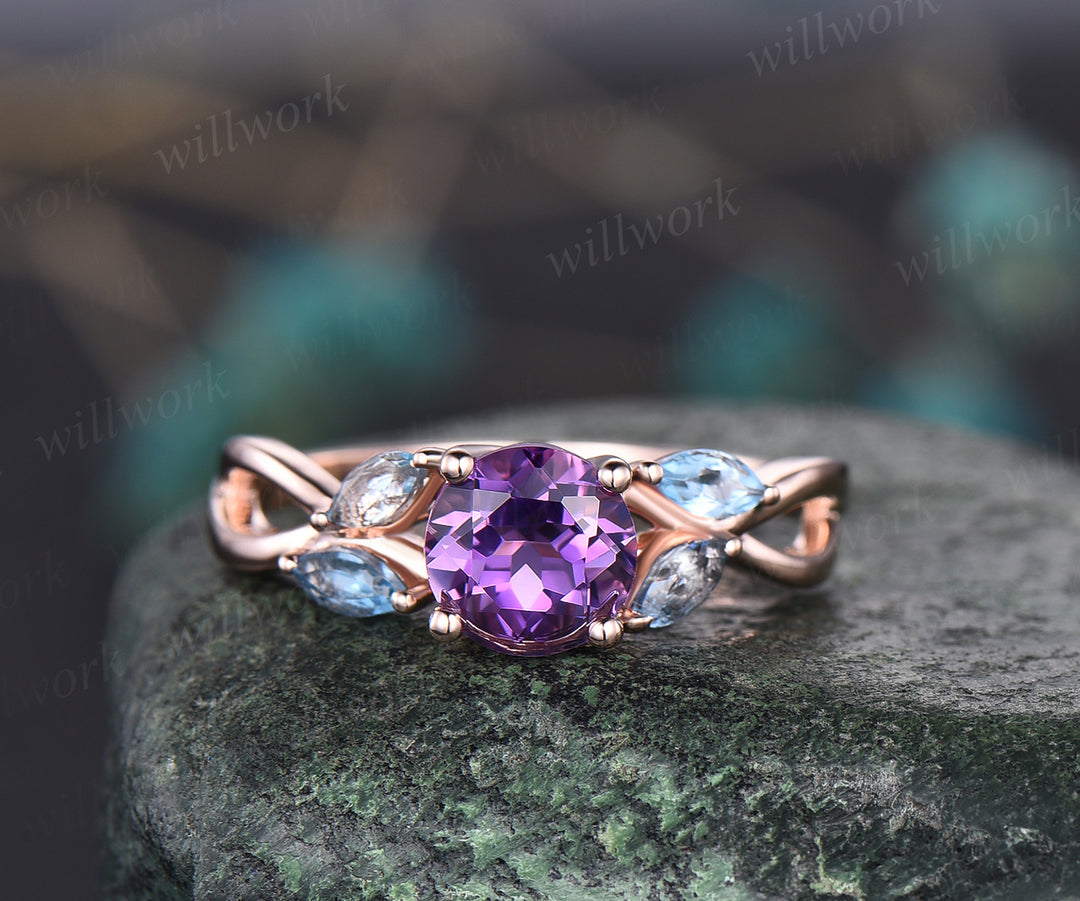 Unique Round Cut February Birthstone Natural Amethyst Engagement Ring Art Deco Blue Topaz Five Stone Ring Vintage Twisted Split Shank Ring