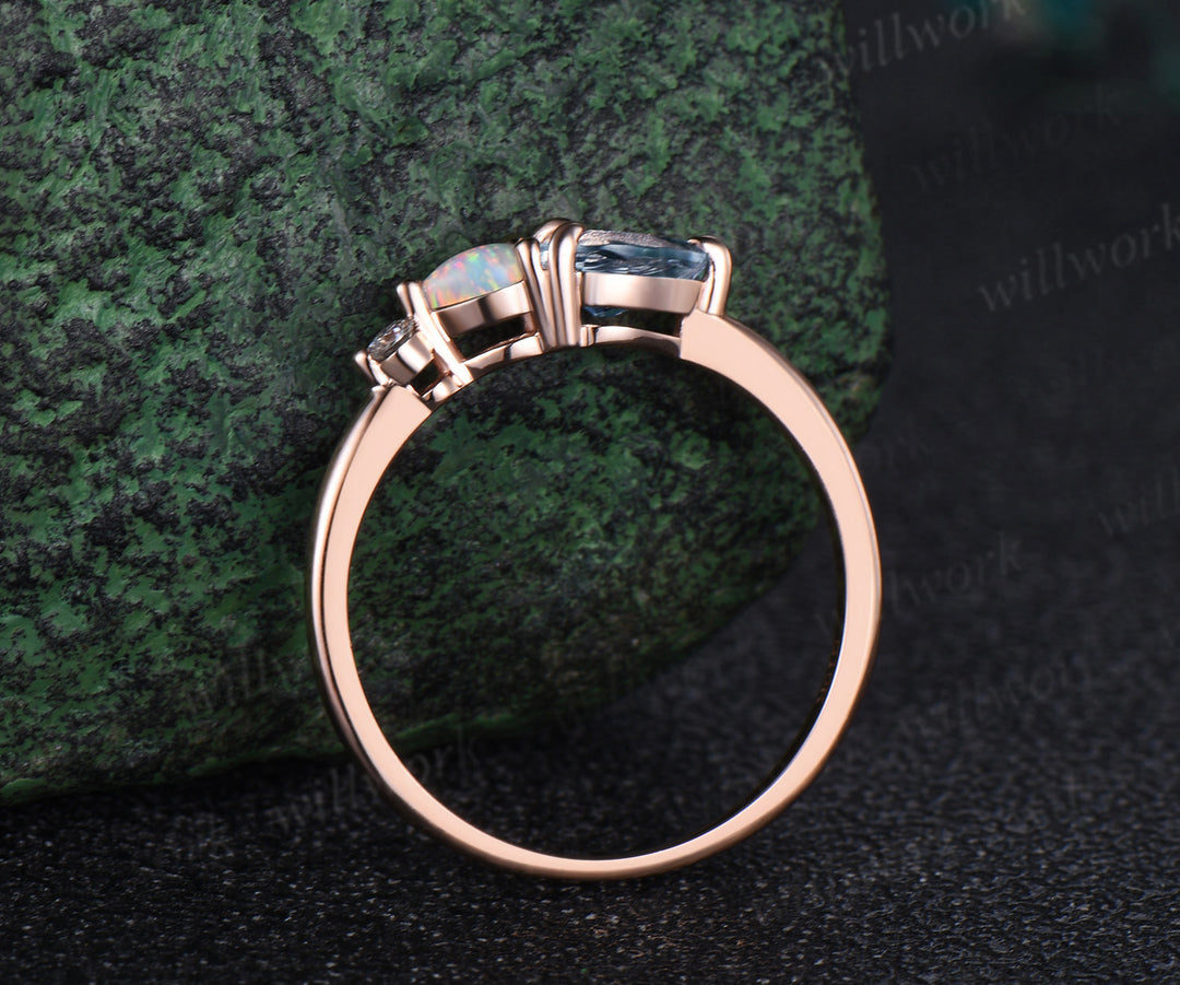 Dainty pear aquamarine ring rose gold three stone opal engagement ring Minimalist Multi-Stone Ring anniversary ring women