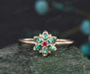 Unique Flower Floral Nature Inspired Wedding Ring Ruby Emerald Halo Leaf Anniversary Ring 14k Yellow Gold Seven Stone Bridal Jewelry Gift