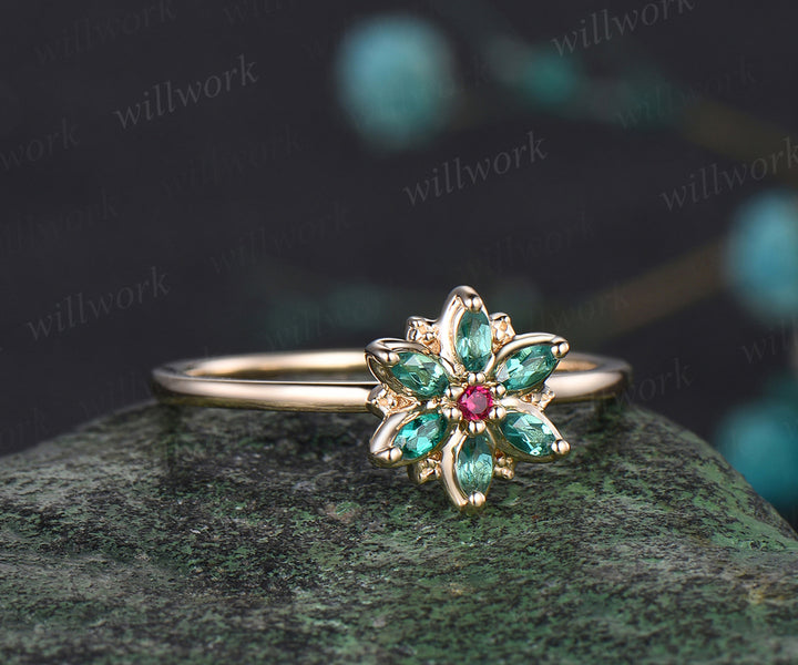 Unique Flower Floral Nature Inspired Wedding Ring Ruby Emerald Halo Leaf Anniversary Ring 14k Yellow Gold Seven Stone Bridal Jewelry Gift