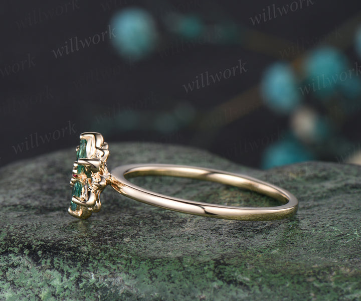 Unique Flower Floral Nature Inspired Wedding Ring Ruby Emerald Halo Leaf Anniversary Ring 14k Yellow Gold Seven Stone Bridal Jewelry Gift