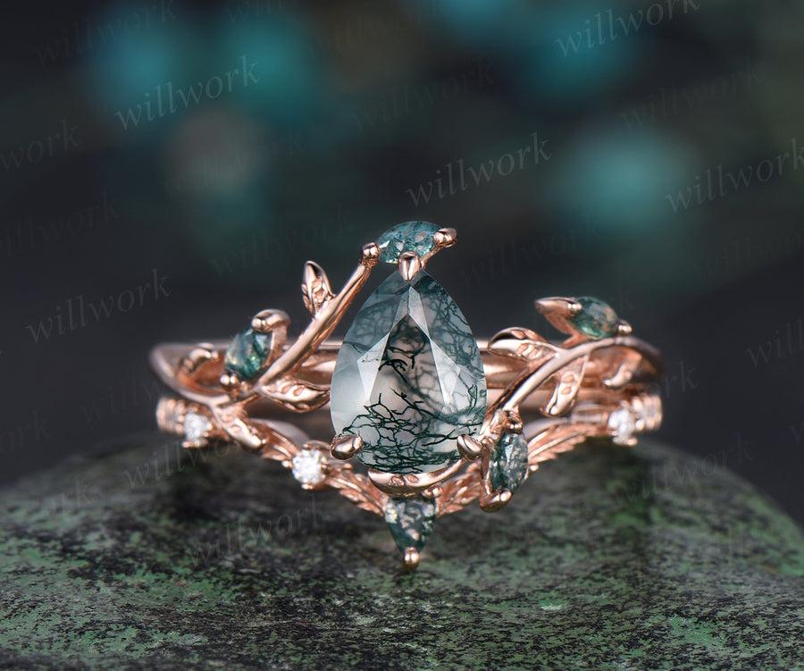 Vintage pear cut moss agate engagement ring rose gold art deco cluster leaf — WillWork Jewelry editor's pick