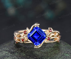 Asscher cut blue sapphire engagement ring set 8 prong yellow gold leaf five stone garnet wedding ring set jewelry