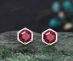 Unique July Birthstone Hexagon Cut Ruby Earrings Vintage 14k White Gold Red Gemstone Stud Earrings Ruby Pierced Earrings Gift For Mother