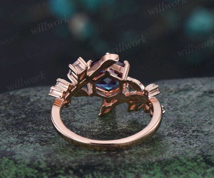 Hexagon cut alexandrite engagement ring rose gold leaf moonstone diamond ring vintage twisted anniversary ring women