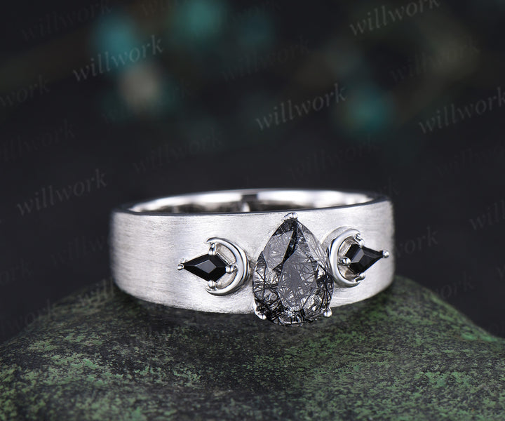 Pear black rutilated quartz mens wedding band three stone moon kite black spinel wedding ring 14k white gold anniversary gift for husband