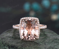 Cushion Cut Natural Morganite Engagement Ring 14k Rose Gold Diamond Moissanite Halo Ring 10x12mm Cushion Morganite Bridal Ring
