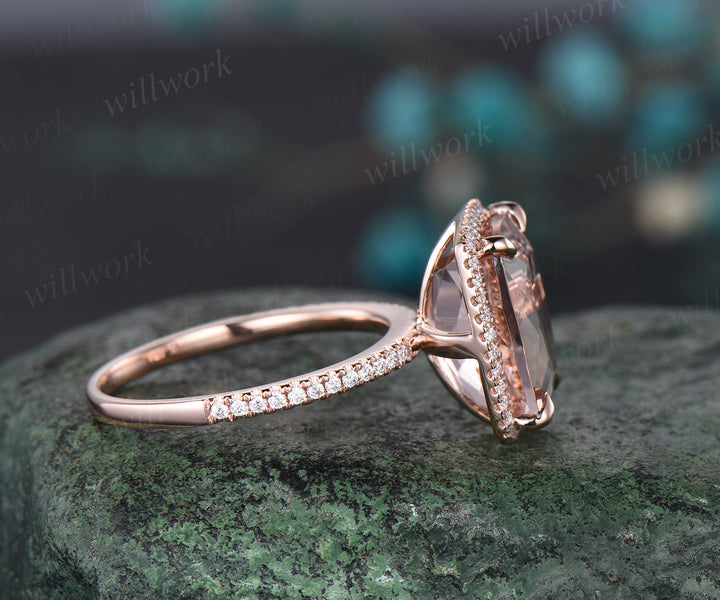 Cushion Cut Natural Morganite Engagement Ring 14k Rose Gold Diamond Moissanite Halo Ring 10x12mm Cushion Morganite Bridal Ring