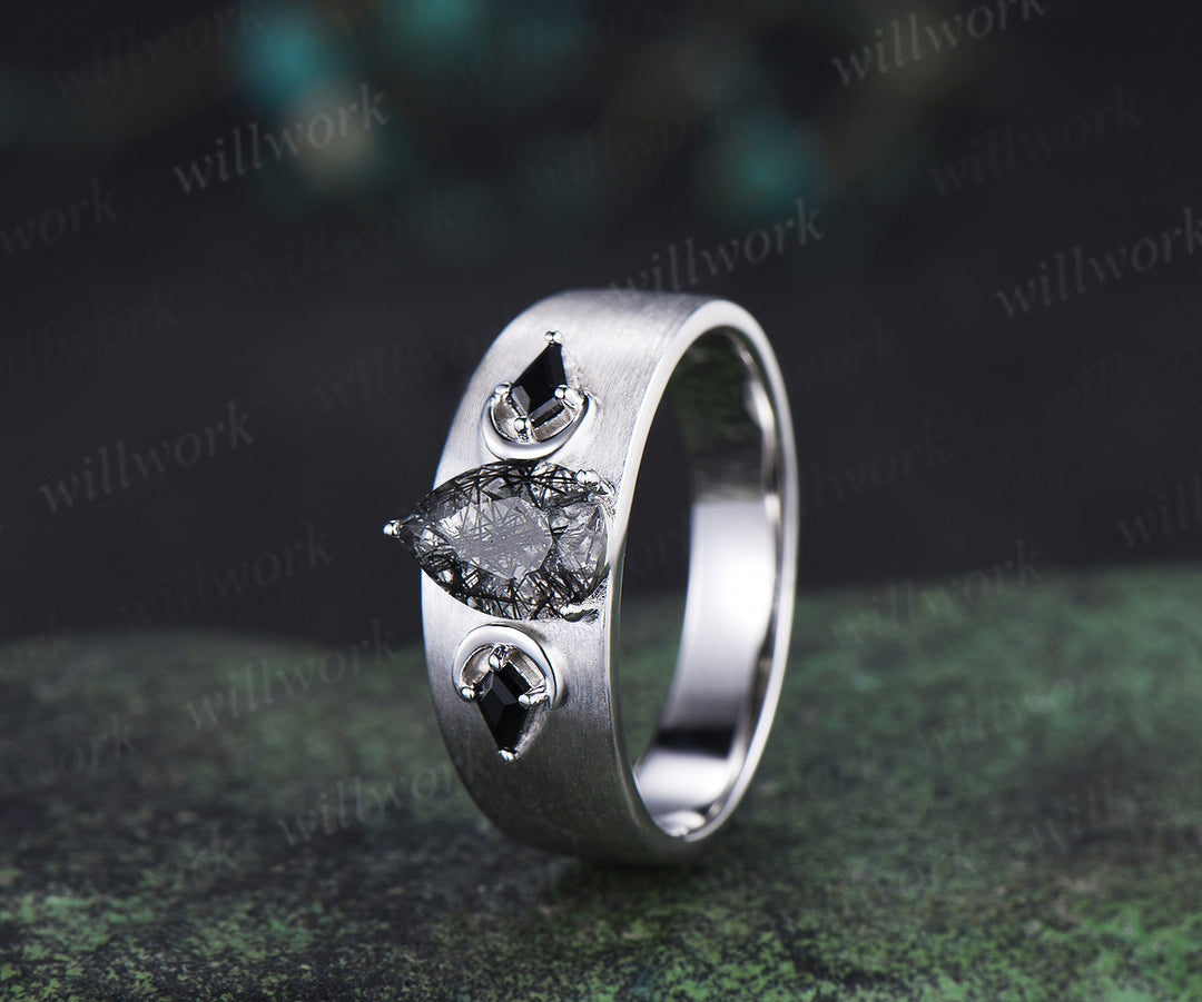 Pear black rutilated quartz mens wedding band three stone moon kite black spinel wedding ring 14k white gold anniversary gift for husband