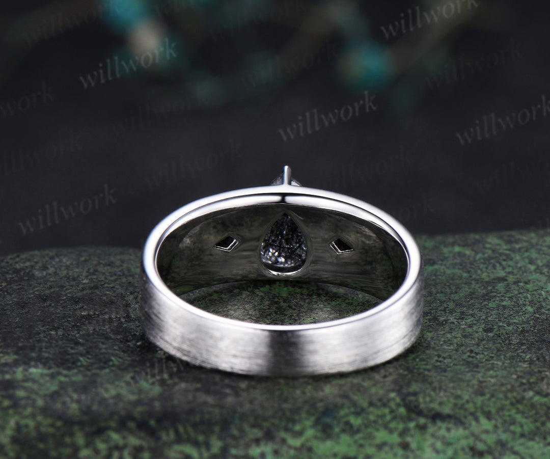 Pear black rutilated quartz mens wedding band three stone moon kite black spinel wedding ring 14k white gold anniversary gift for husband