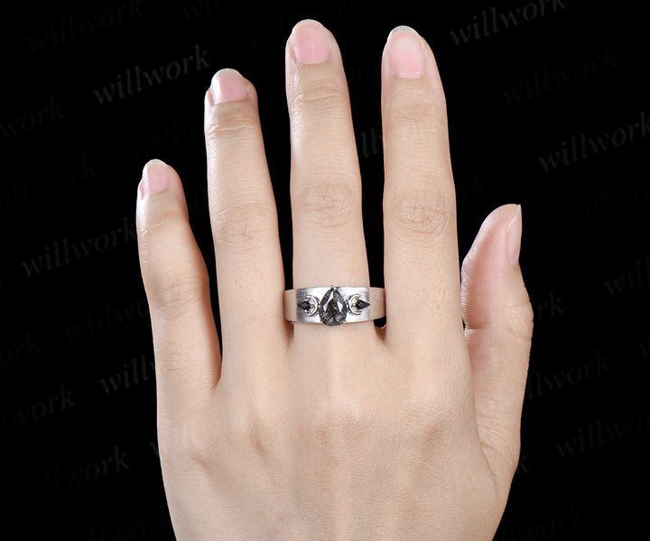 Pear black rutilated quartz mens wedding band three stone moon kite black spinel wedding ring 14k white gold anniversary gift for husband
